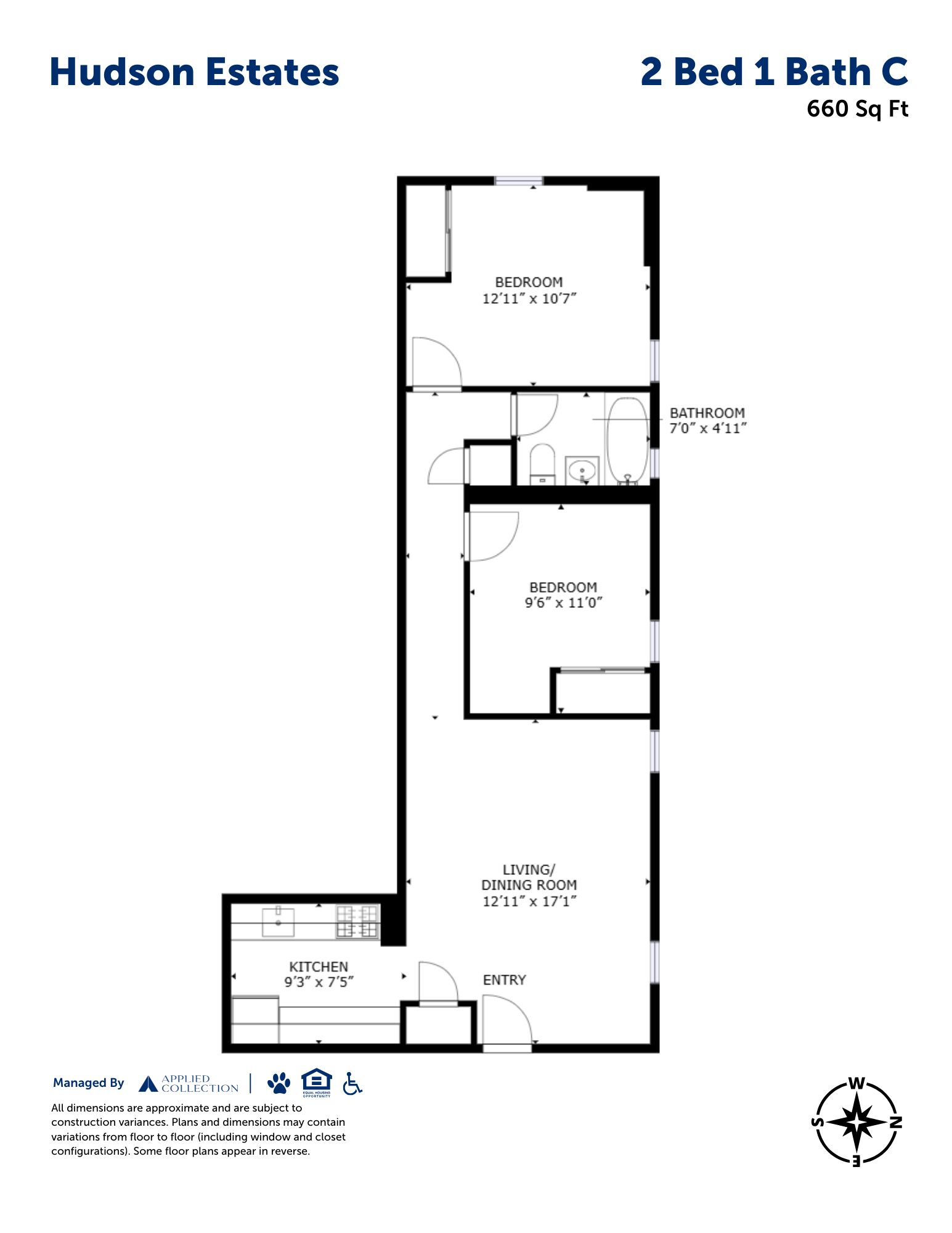 Floor plan for 2 beds, 1 bath, 660 sqft
